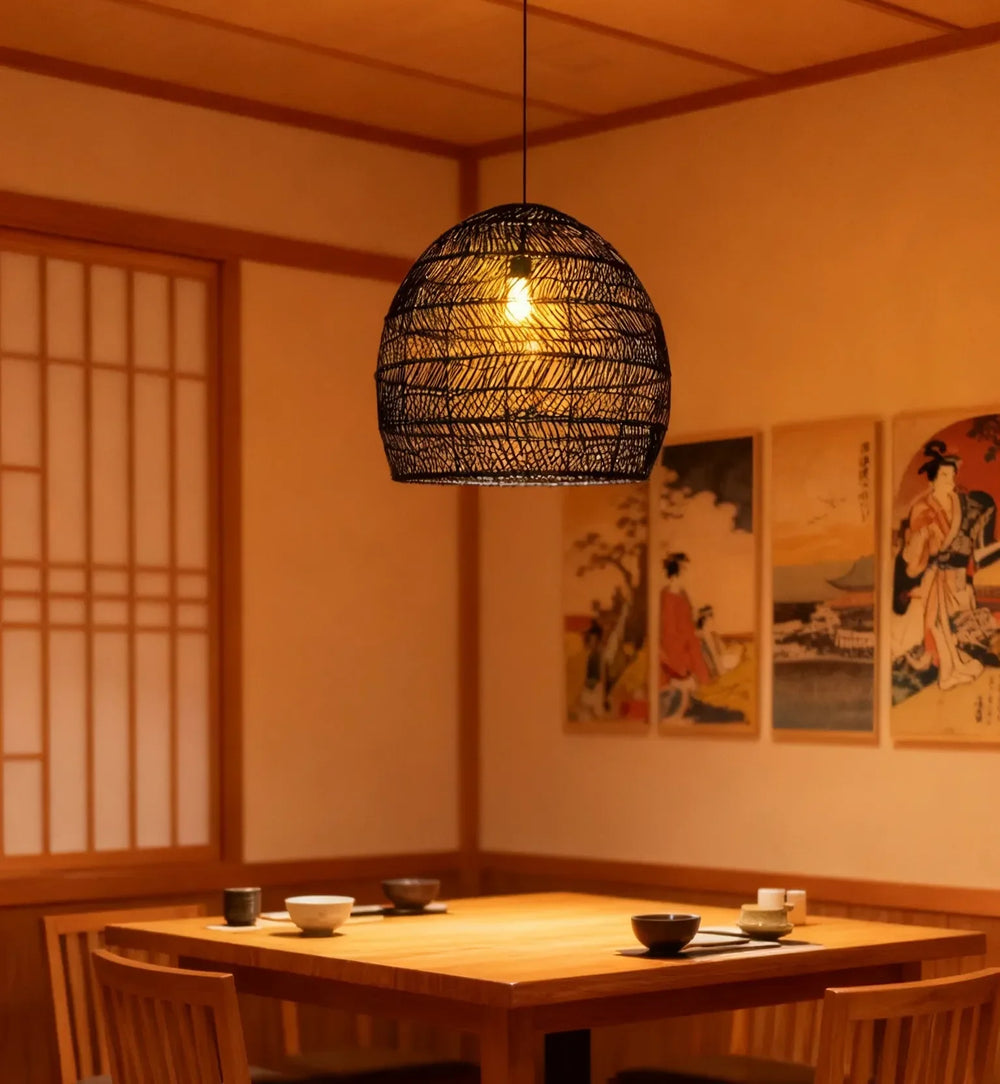 Lampadario a sospensione in rattan naturale a forma di lanterna per sala da pranzo