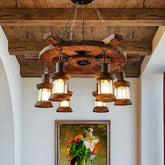 Lampadario vintage in legno e metallo stile rustico con 6 lanterne sospese per sala da pranzo
