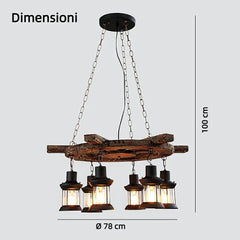 Lampadario vintage in legno e metallo stile rustico con 6 lanterne sospese per sala da pranzo
