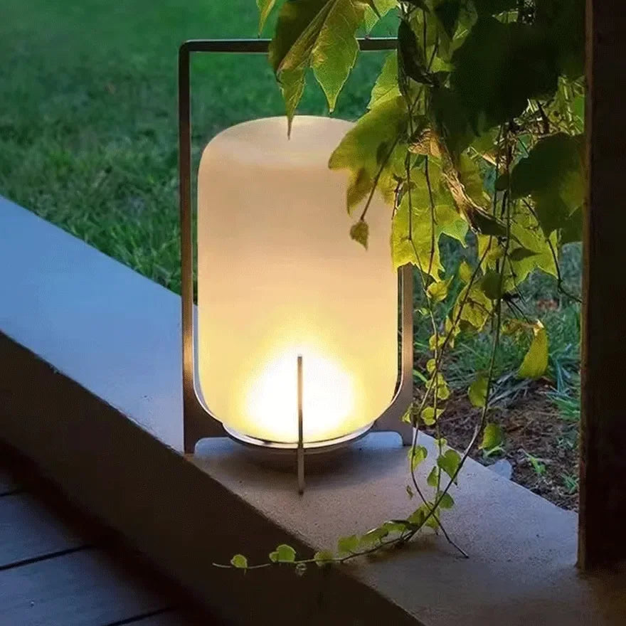 Lampada portatile da esterno a lanterna LED calda solare in vetro per giardino