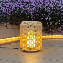 Lanterna da esterno solare LED in rattan naturale forma cilindrica per terrazzo