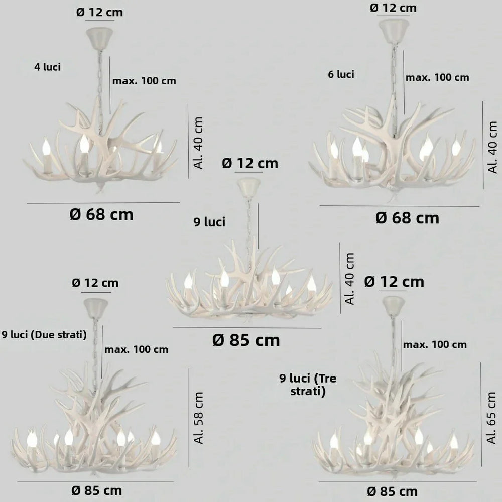 Lampadario con corna di cervo bianco stile chalet per soggiorno
