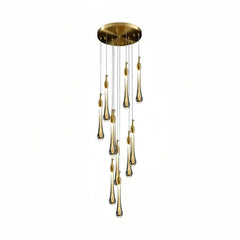 Lampadario a spirale con pendenti a goccia in cristallo finitura oro per scale interne