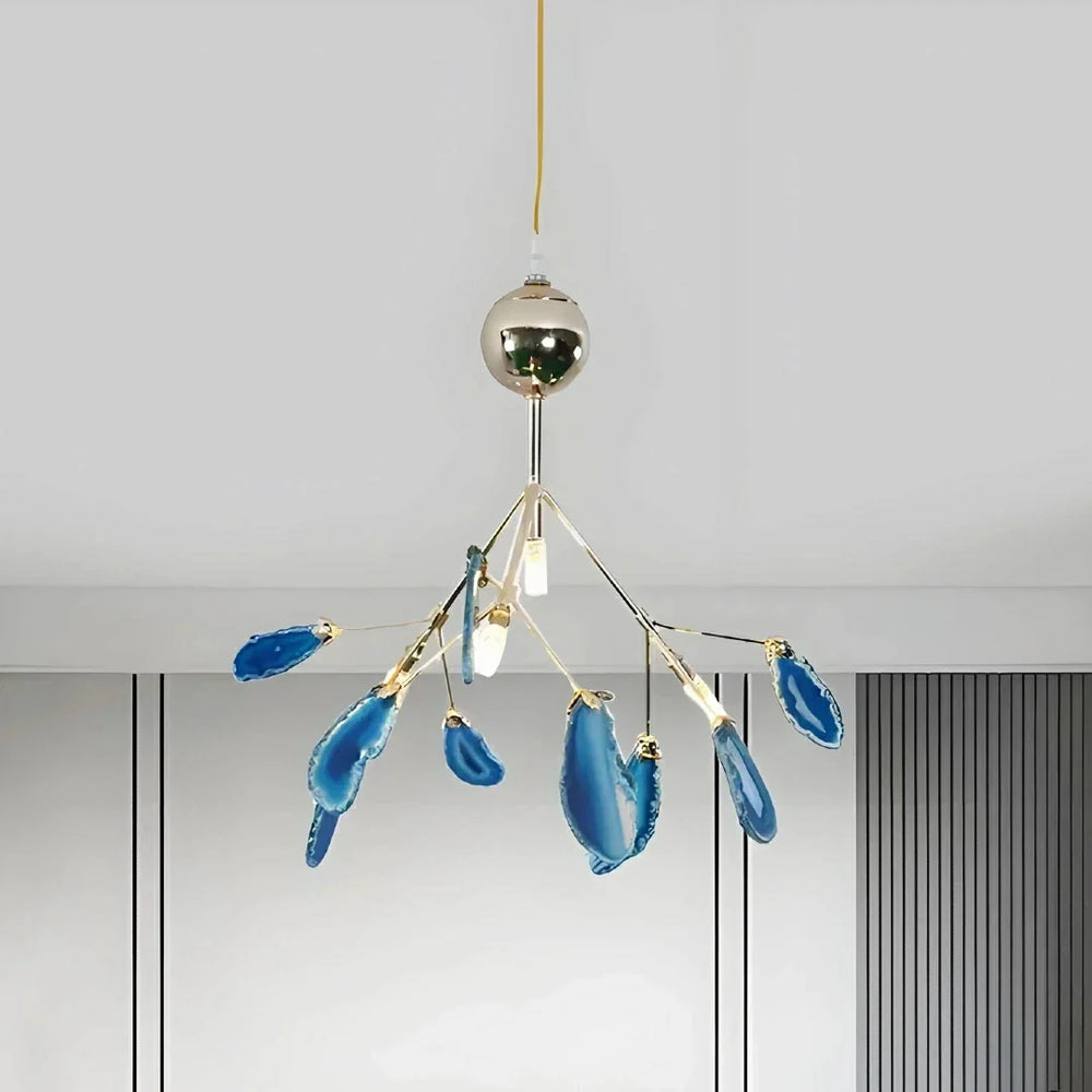 Lampadario sputnik colorato dal design moderno con elementi in agata per soggiorno