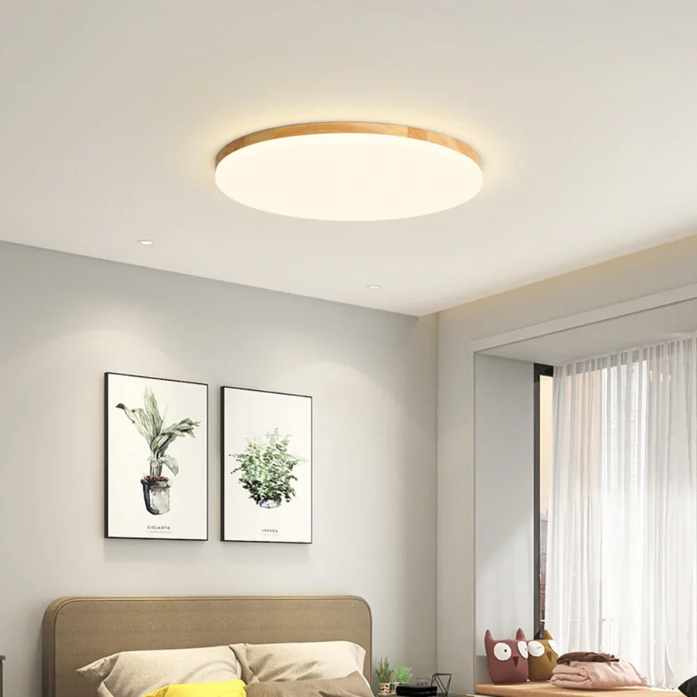 Plafoniera LED rotonda sottile dimmerabile in legno in stile nordico per camera da letto