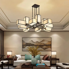 Lampadario moderno geometrico rettangolare con diffusore in tessuto per soggiorno