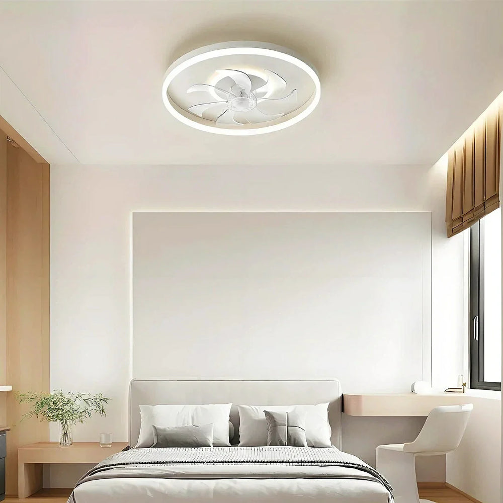 Ventilatore da soffitto silenzioso con pale e luce LED ad anello bianca per la camera da letto