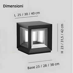 Lampada pilastro LED solare da esterno in metallo nero con struttura cubica aperta dal design moderno