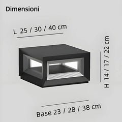 Lampada pilastro LED solare da giardino in metallo nero con struttura rettangolare aperta