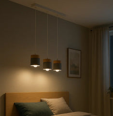 Lampadario cilindrico con base in legno dal design nordico per la sala da pranzo