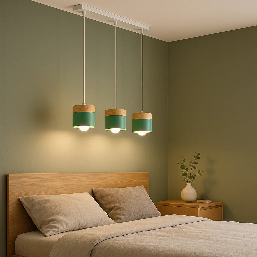 Lampadario cilindrico con base in legno dal design nordico per la sala da pranzo