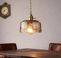 Lampadario in vetro ambrato con struttura in ottone stile anni 50 per sala da pranzo