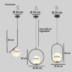 Lampadario con sfere in vetro LED design moderno altezza regolabile per sala pranzo