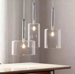 Lampadario cilindrico in vetro a sospensione moderno LED 3 luci per sala da pranzo
