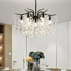 Lampadario moderno con gocce di cristallo e foglie decorative per soggiorno