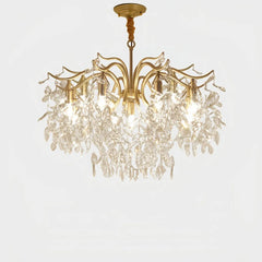 Lampadario moderno con gocce di cristallo e foglie decorative per soggiorno