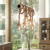 Lampadario in corda rustico con struttura in bambù a cilindro per sala da pranzo