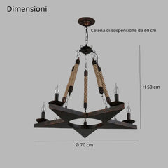 Lampadario rustico in ferro battuto stile candela con corde decorative per soggiorno