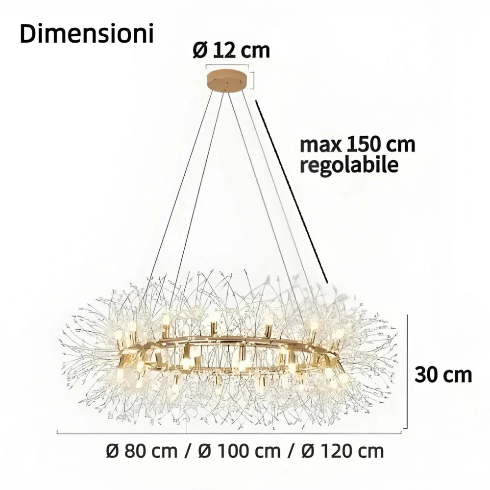 Lampadario LED stile sputnik in cristallo con struttura ad anello oro per soggiorno