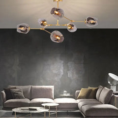 Lampadario a bracci moderno orientabile in vetro oro a più luci per soggiorno