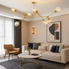 Lampadario a bracci moderno orientabile in vetro oro a più luci per soggiorno