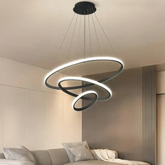 Lampadario ad anelli LED dimmerabile in metallo dal design moderno per soggiorno
