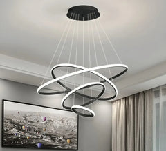 Lampadario ad anelli LED dimmerabile in metallo dal design moderno per soggiorno