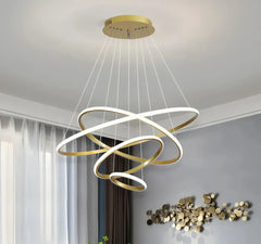 Lampadario ad anelli LED dimmerabile in metallo dal design moderno per soggiorno