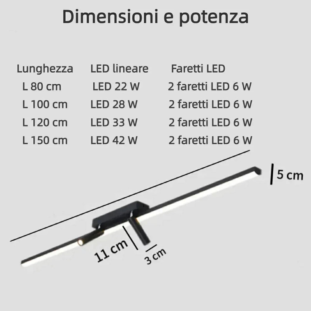 Plafoniera lineare con 2 faretti LED orientabili nera moderna per soggiorno