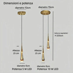 Lampada a sospensione da comodino a goccia LED regolabile in cristallo color oro