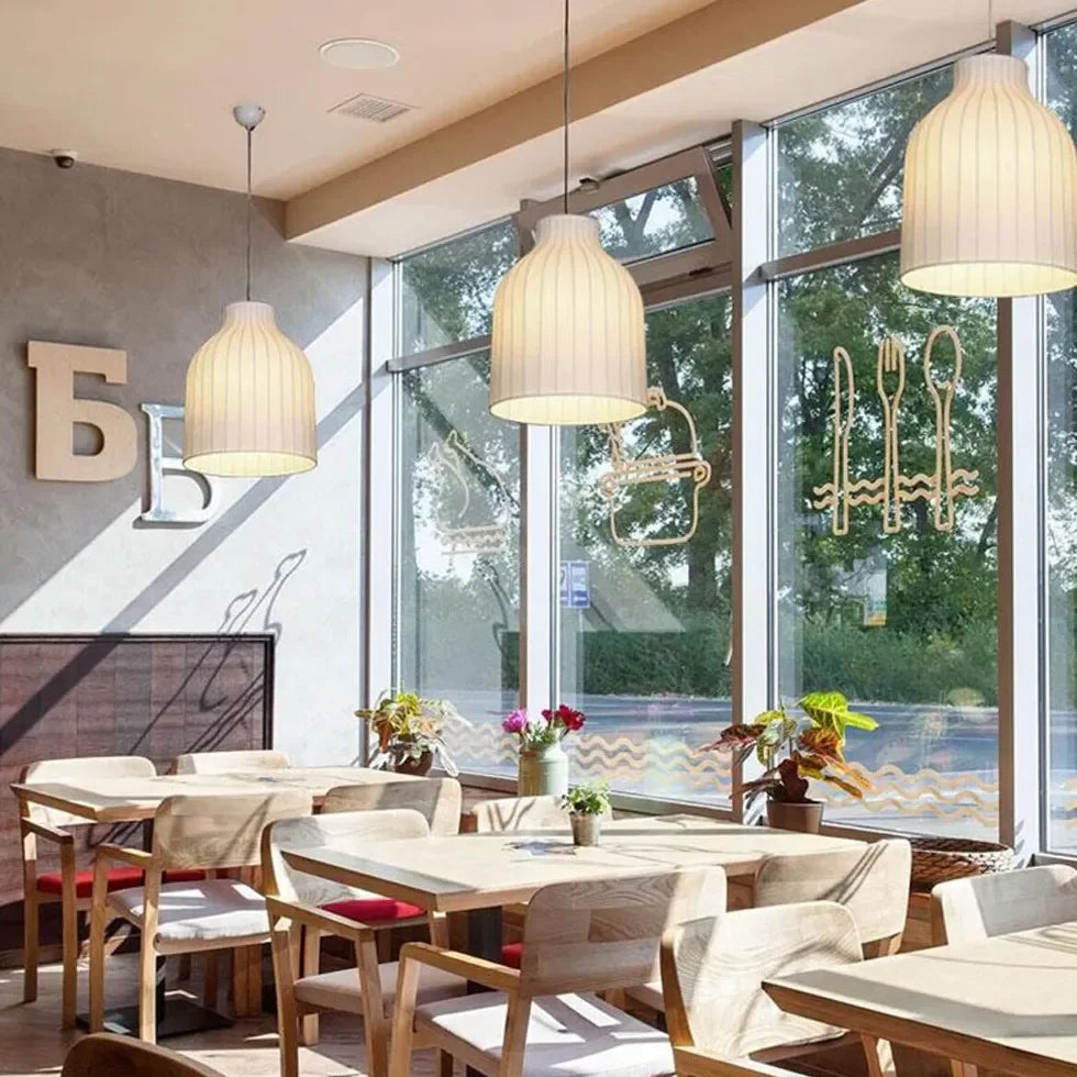 Lampadario a forma di lanterna in tessuto bianco stile nordico con attacco E27 per sala da pranzo