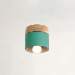 Lampadario cilindrico con base in legno dal design nordico per la sala da pranzo