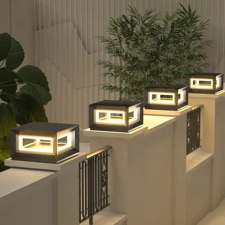 Lampada da pilastro per esterno LED solare cubo nero in metallo moderno