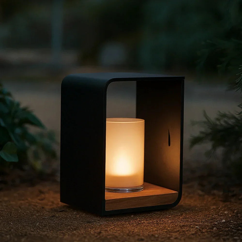 Lampada solare da terrazzo rettangolare moderna in metallo nero con LED