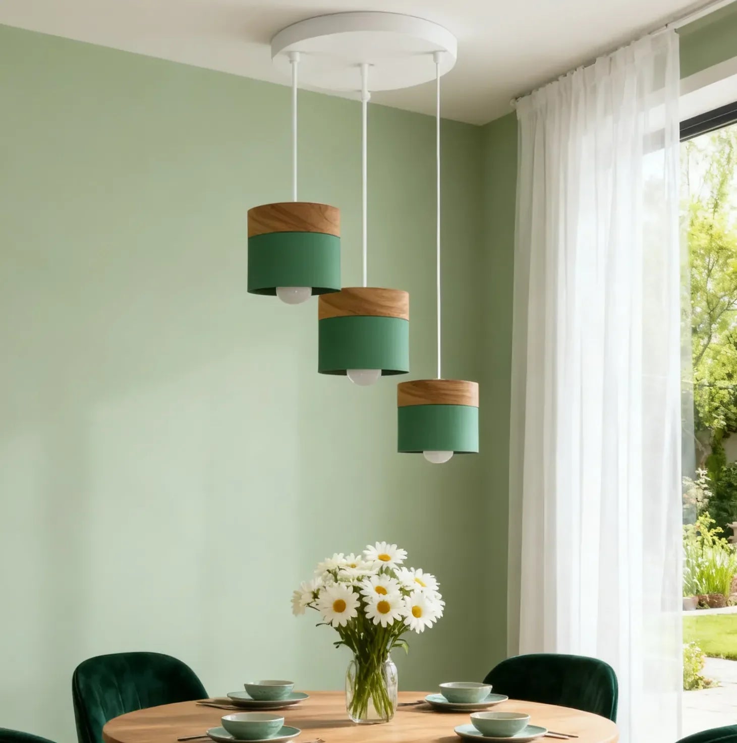 Lampadario cilindrico con base in legno dal design nordico per la sala da pranzo