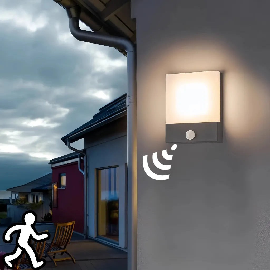 Applique da esterno con sensore di movimento LED in stile minimalista rettangolare per portico