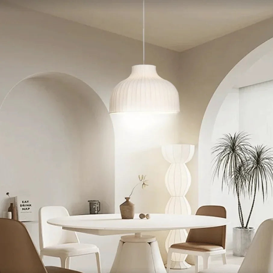Lampadario a forma di lanterna in tessuto bianco stile nordico con attacco E27 per sala da pranzo