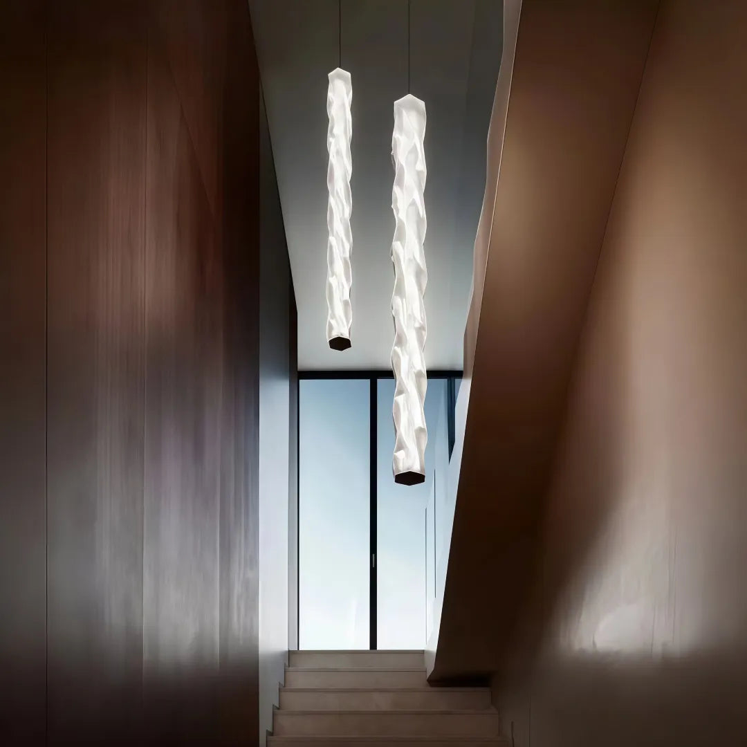 Lampada a sospensione cilindrica ondulata in vetro LED dimmerabile contemporanea per scale interne