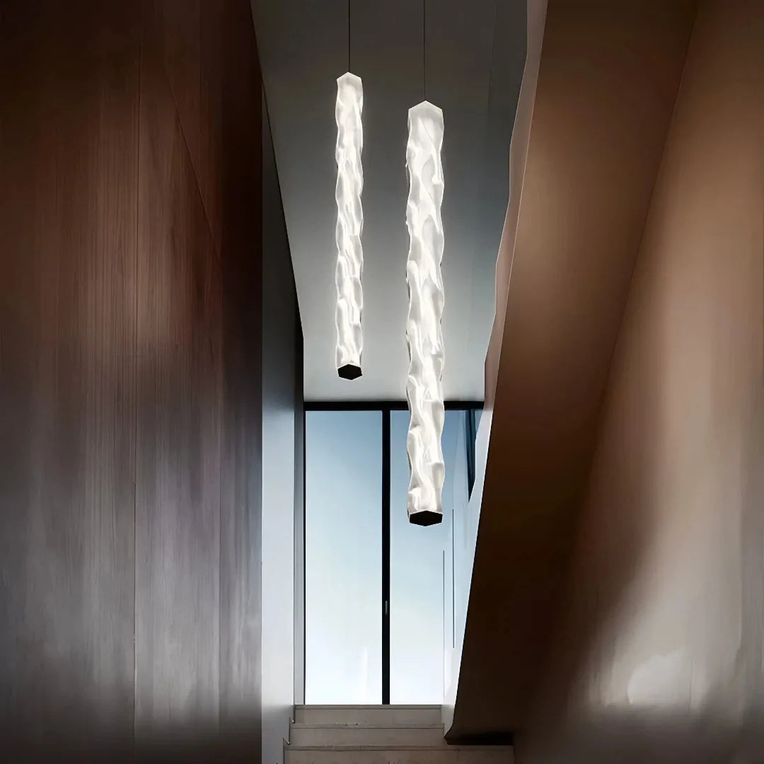 Lampada a sospensione cilindrica ondulata in vetro LED dimmerabile contemporanea per scale interne