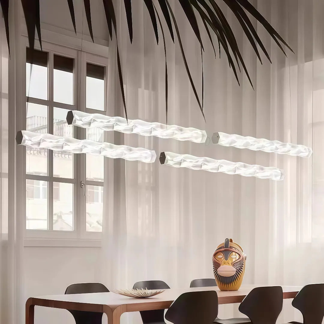 Lampada lineare a sospensione ondulata in vetro LED dimmerabile contemporanea per sala da pranzo