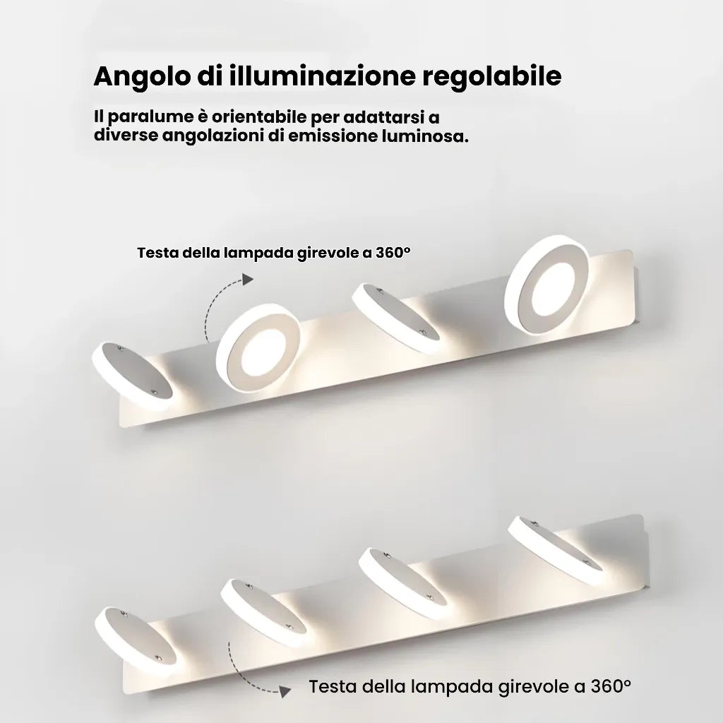 Applique moderna da specchio bagno a luci LED con anelli orientabili dimmerabili