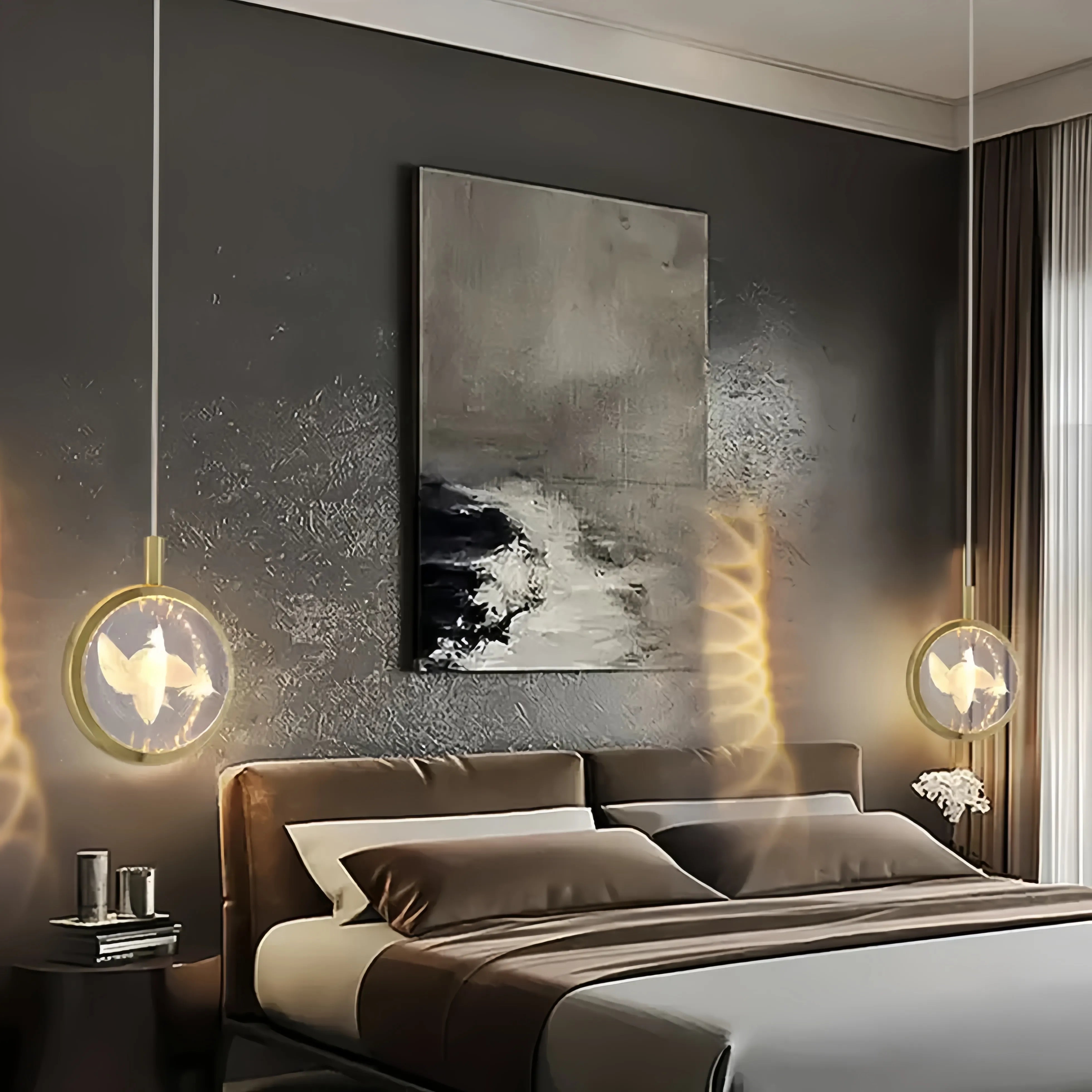 Lampada a sospensione per comodino minimalista con sfera in cristallo e LED dimmerabile