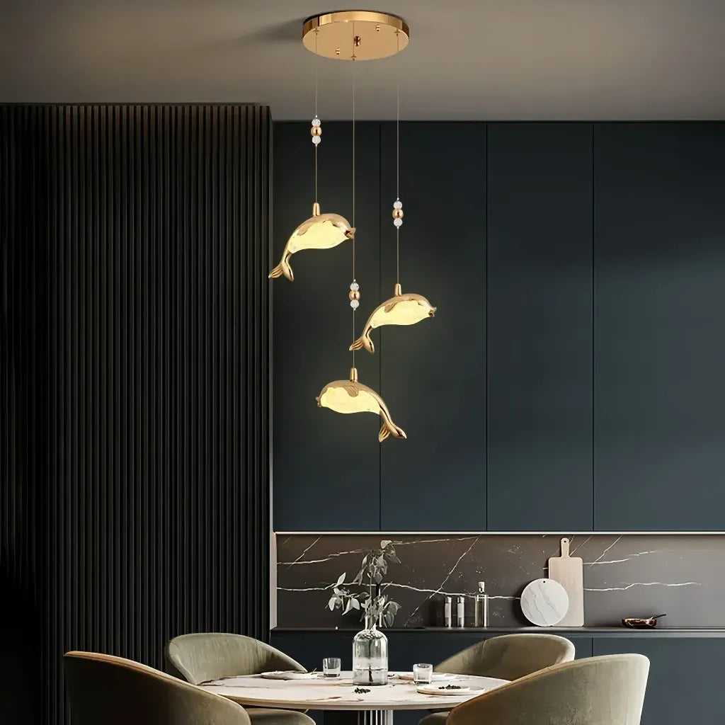 Lampada a sospensione oro a balena in metallo LED dimmerabile per camera da letto