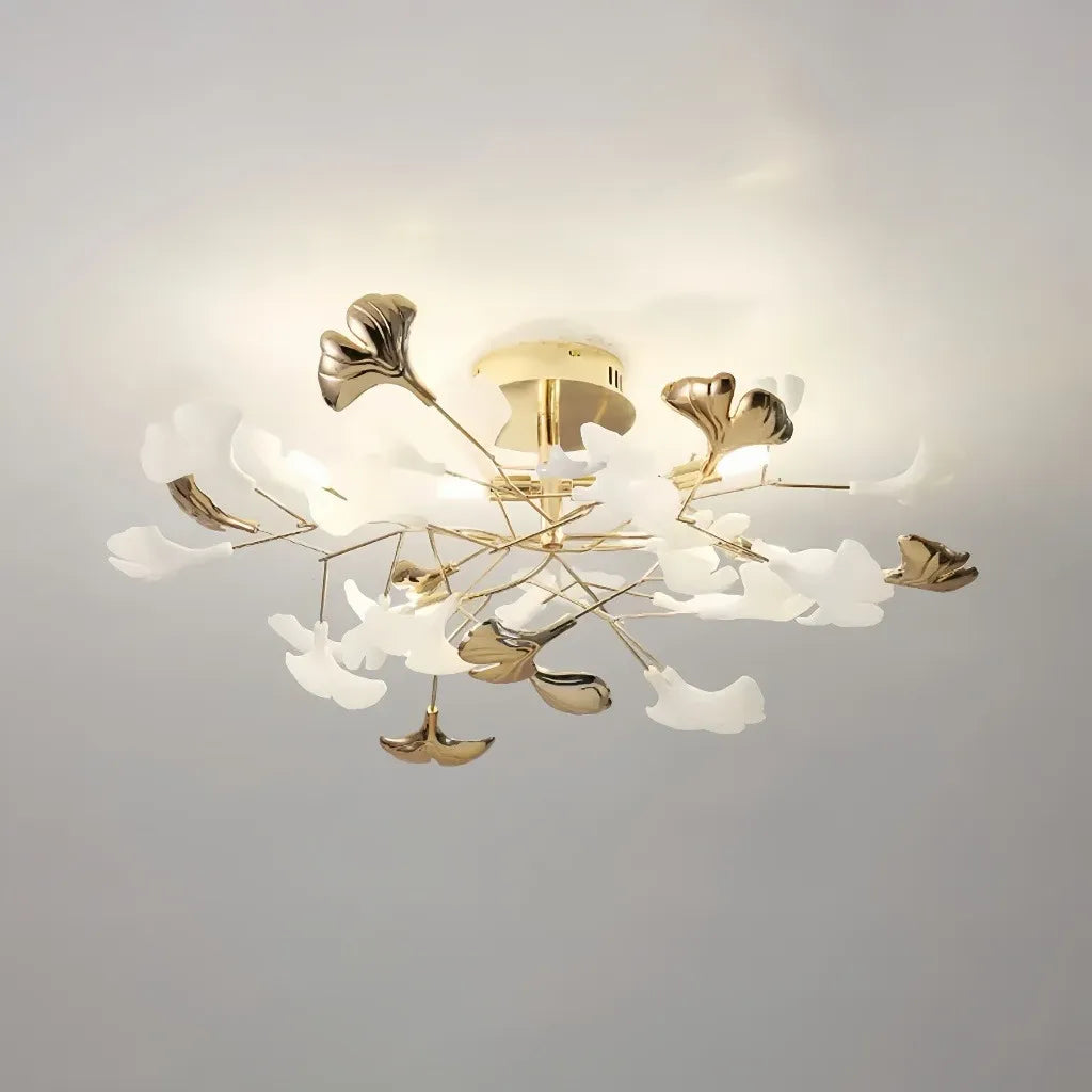 Plafoniera moderna di design con foglie di ginkgo in ceramica finitura oro per camera da letto