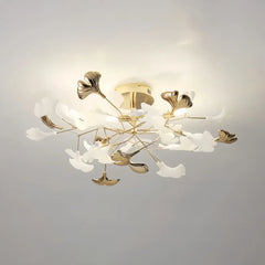 Plafoniera moderna di design con foglie di ginkgo in ceramica finitura oro per camera da letto