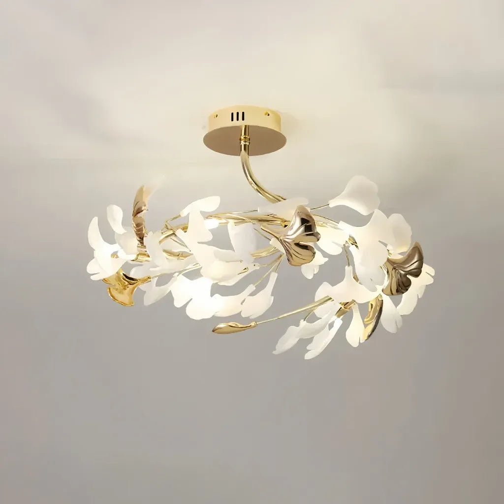 Plafoniera moderna di design con foglie di ginkgo in ceramica finitura oro per camera da letto