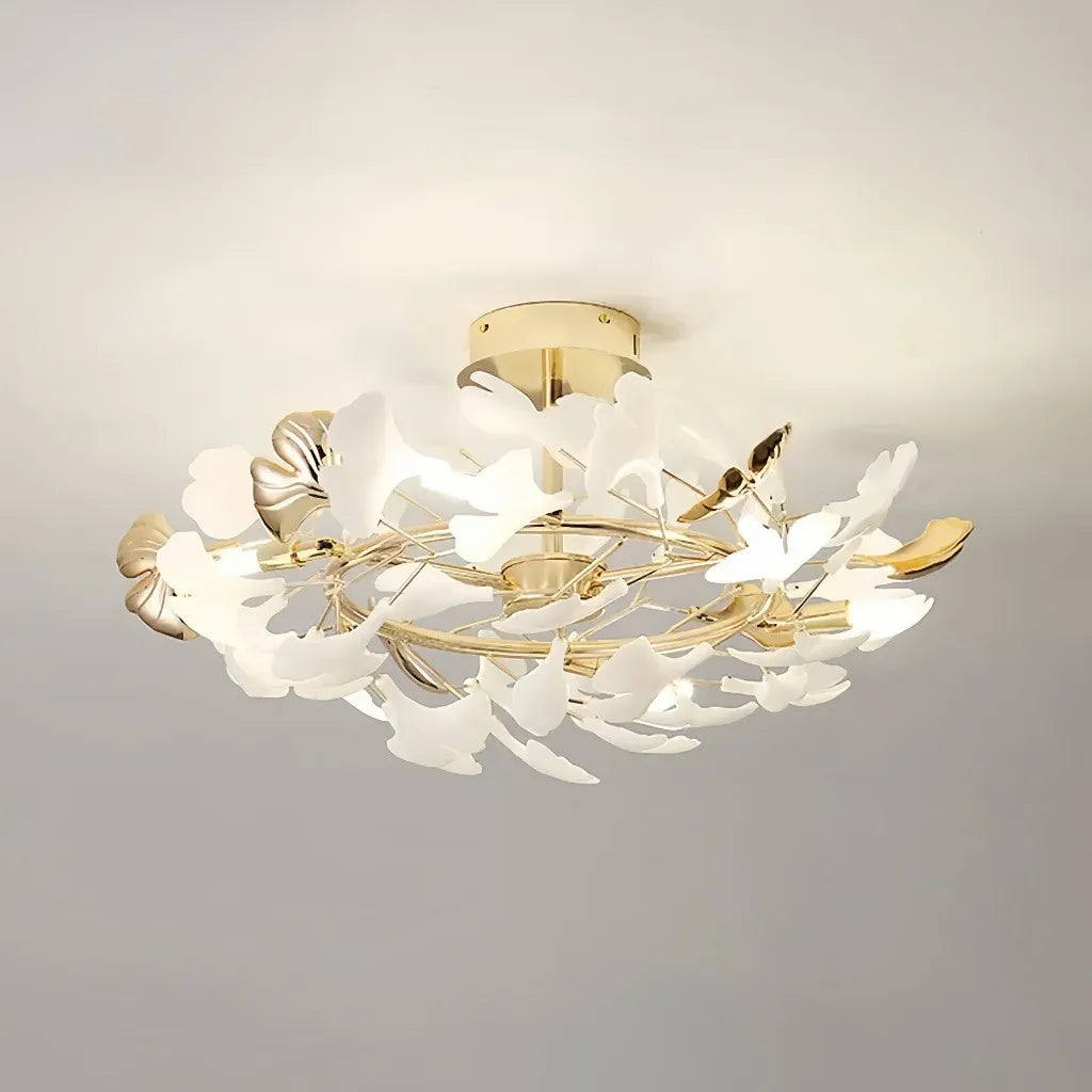 Plafoniera moderna di design con foglie di ginkgo in ceramica finitura oro per camera da letto
