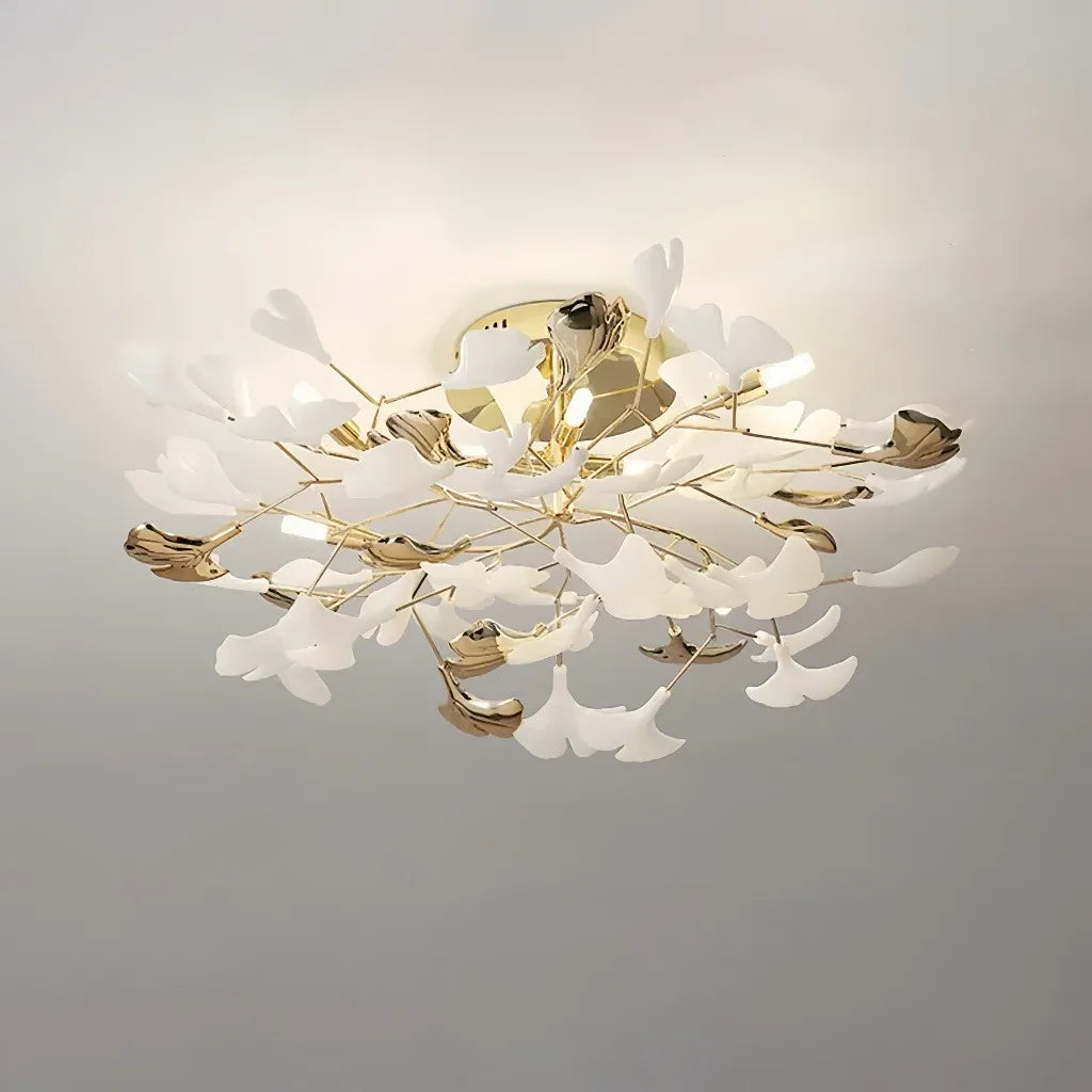 Plafoniera moderna di design con foglie di ginkgo in ceramica finitura oro per camera da letto