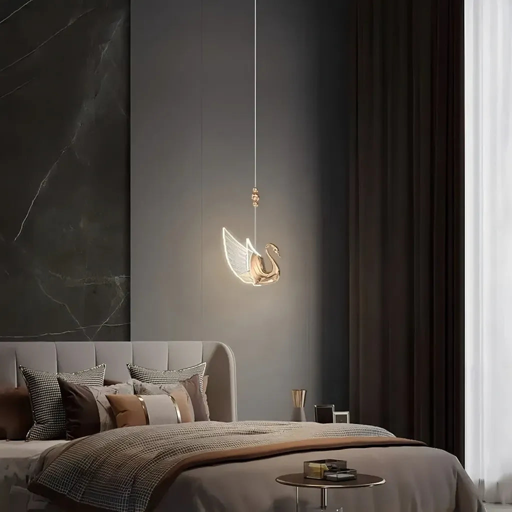 Lampada a sospensione art deco oro a cigno LED dal design moderno per camera da letto