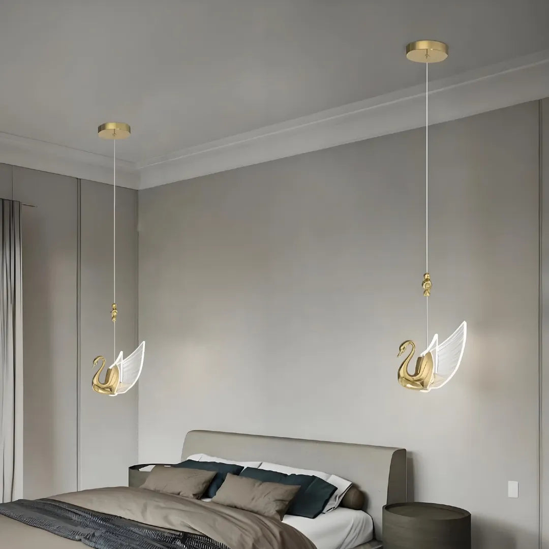 Lampada a sospensione art deco oro a cigno LED dal design moderno per camera da letto